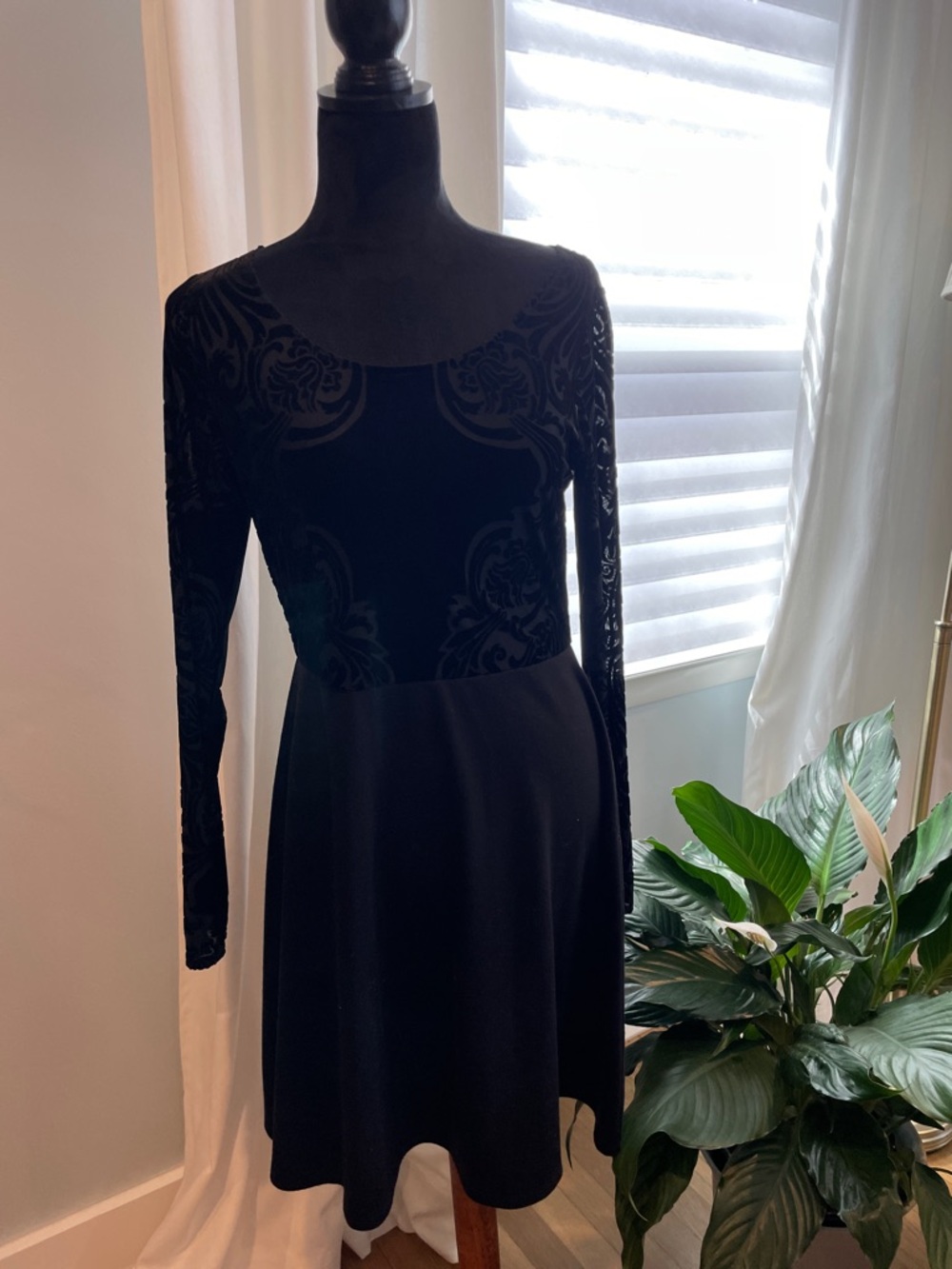 Maurices Black Long-Sleeve Velvet Burnout Jacquard Pattern Fit & Flare Dress